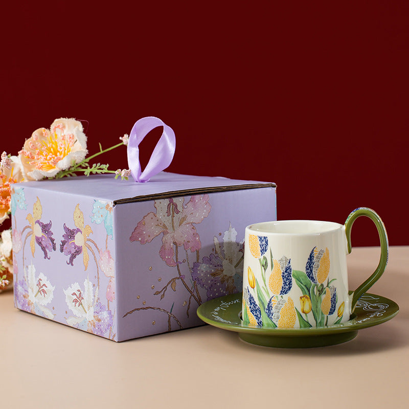 Tulip Ceramic Coffee Mug & Saucer Set, French Country Style Aesthetic Drinkware, Instagram-Worthy Vintage Tea Cup, Luxury Gift Box for Mother's Day, Housewarming & Bridal Shower