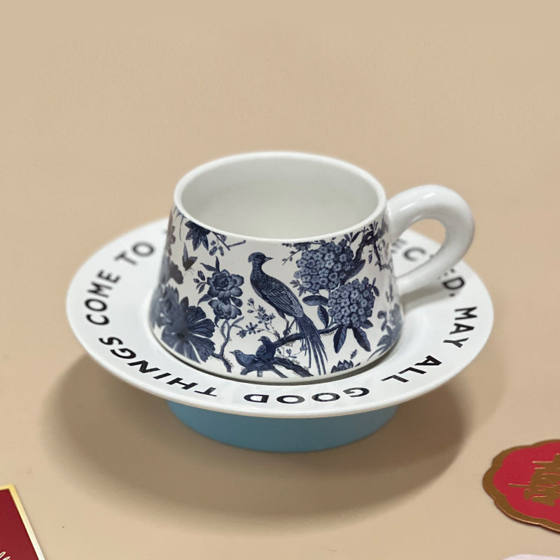 Vintage French Ceramic Coffee Mugs & Saucers Set, Large Capacity Floral Bird Print - Elegant Boho Retro Cups for Tea, Cafe Au Lait, Gift Box with Gold Trim