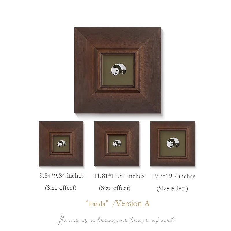 Solid Wood Framed "Panda" Wall Art - Mid-Century Modern Animal Print with Maillard Tones, French Vintage Gallery Wall Set for Living Room, Premium Animal Group Painting for Dining Room