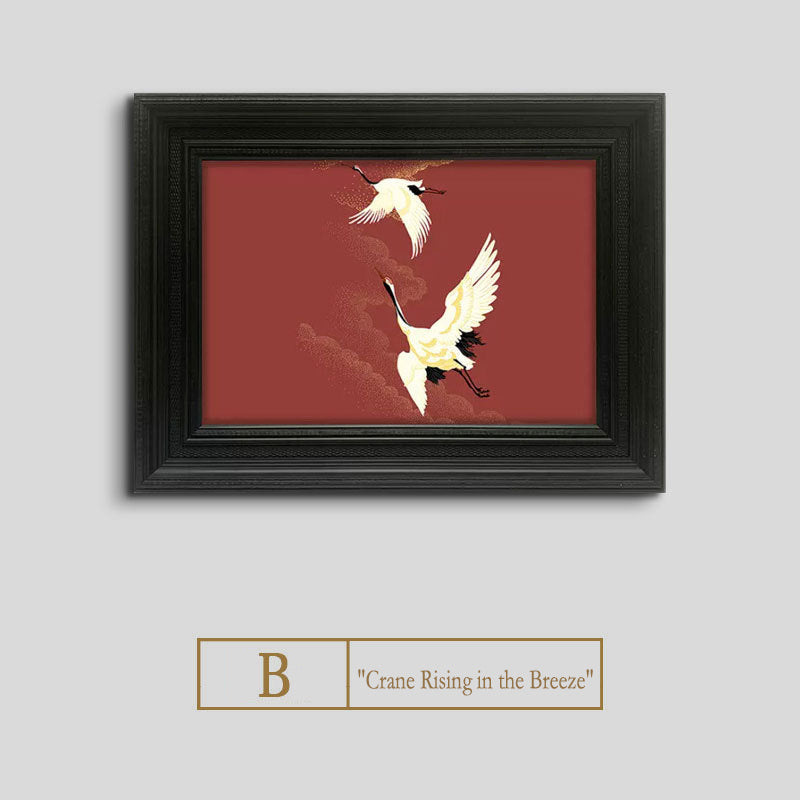 "New Chinese Style Crane Painting 'Breeze with Rising Crane', Boho Chic Mid-Century Modern Wall Art, Oriental Zen Decor for Living Room, Dining Room, Entryway, Gold Leaf Canvas Print for Luxury Home Decor"