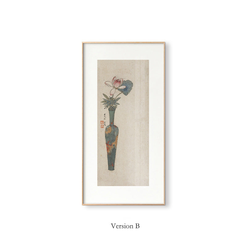 Z"Chinese Vase Flower Painting, Zen Oriental Wall Art for Bedroom Headboard, Vertical Japanese Scroll, Asian Botanical Print, Tranquil Dining Room Mural, Ink Wash Floral Canvas"