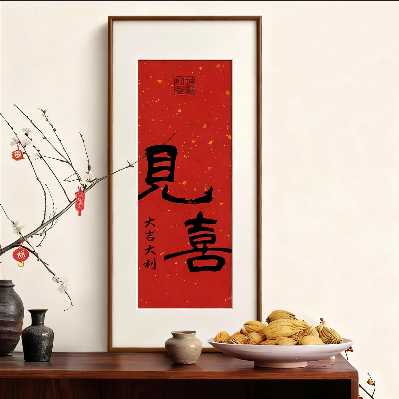 Z"Chinoiserie New Year Red Wall Art - East-West Calligraphy Painting for Living Room & Entryway Decor, Oriental Festival Asian Style Home Art"