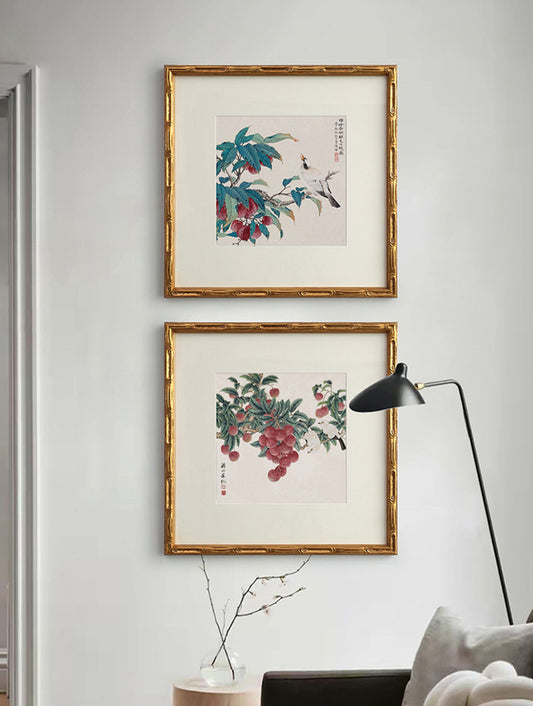 "French Country Chinoiserie Lychee Wall Art, Square Gongbi Floral Bird Multi-Panel Gold Frame Canvas Print, Oriental Botanical Kitchen Dining Room Decor, Luxury Vintage Entryway Foyer Hanging Painting for Home"