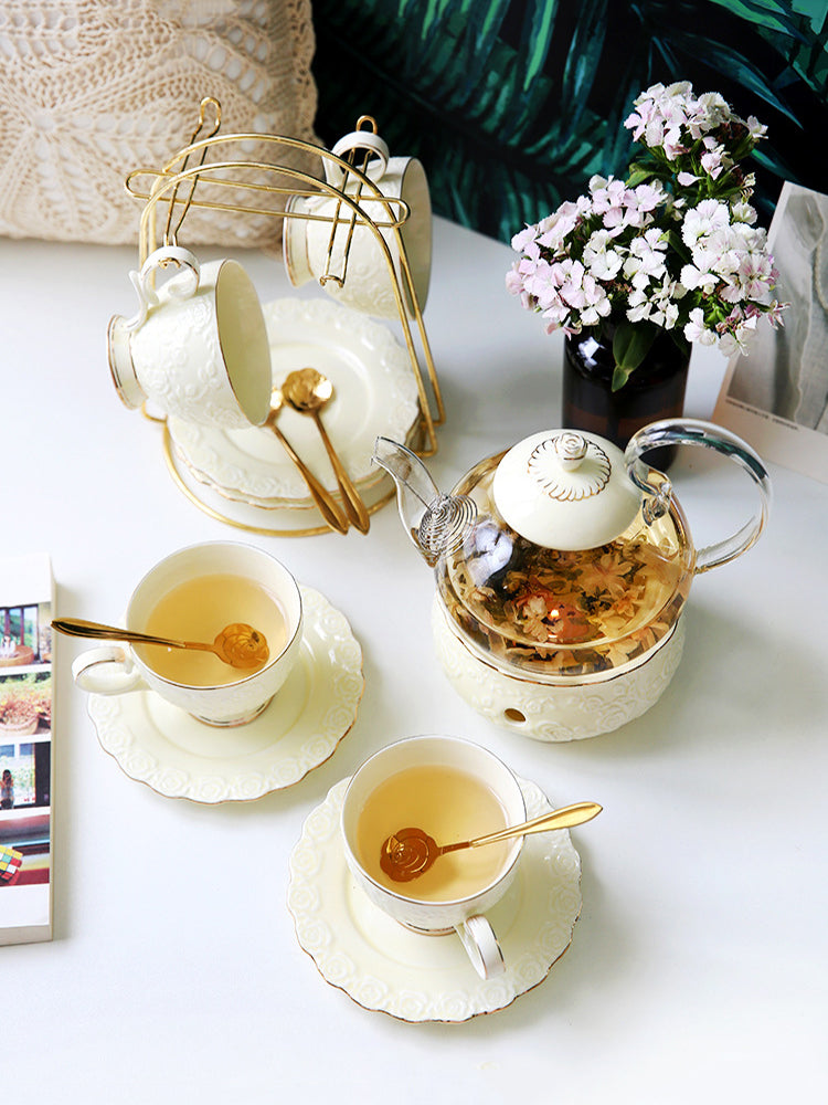 "Luxury English Afternoon Tea Set & European Floral Tea Cup Set - Ceramic & Glass Fruit Tea Pot with Candle Warmer, Boho-Inspired Floral Design, Heat-Resistant, Perfect for Tea Rituals & Gifting"