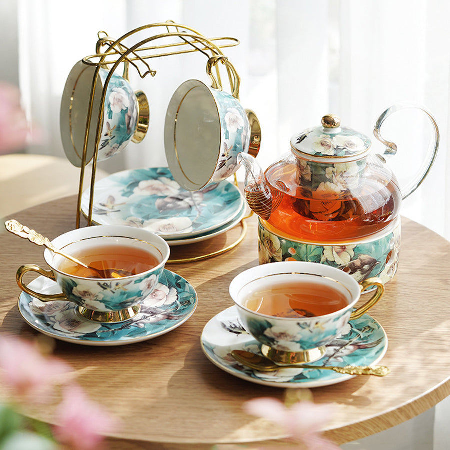 "Luxury Ceramic Afternoon Tea Set with Candle Warmer - English High Tea & French Style, Fruit Infuser Teapot, Floral Teacups, Elegant Tea Service for Home Ambiance & Gift-Giving"