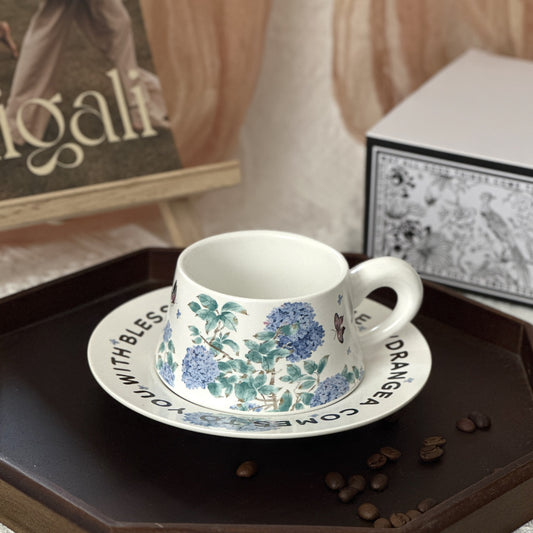 Vintage French Ceramic Coffee Mugs & Saucers Set, Large Capacity Floral Bird Print - Elegant Boho Retro Cups for Tea, Cafe Au Lait, Gift Box with Gold Trim