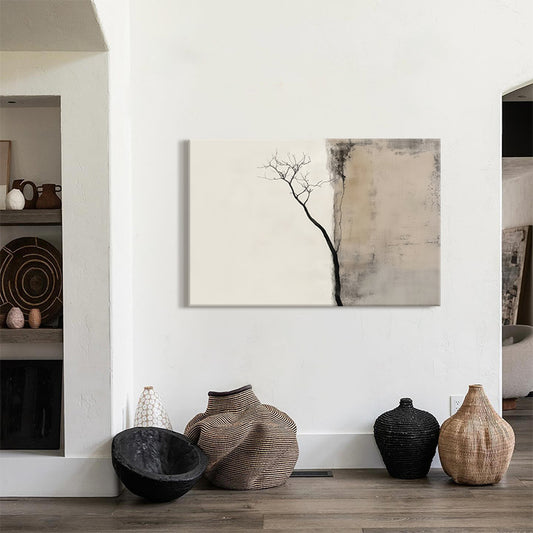 "Wabi-Sabi Wall Art Chinese Ink Painting, Dry Branch Minimalist Canvas Print for Living Room, Mid-Century Modern Zen Decor, Bohemian Tea House Hanging Art, Vintage Asian Abstract Landscape for Airbnb Bedroom"