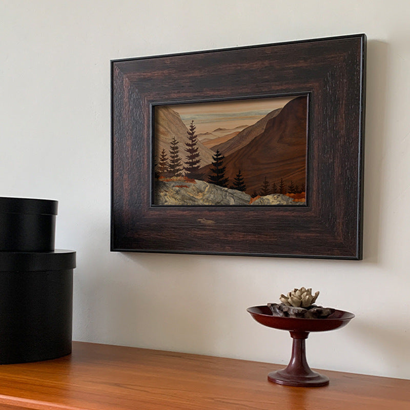 Wood Frame "Mountain Scenery" | Old Money Style French Mid-Century Landscape Painting | Nordic Retro Decorative Art | Entryway Dining Room Hanging Wall Atmosphere Art
