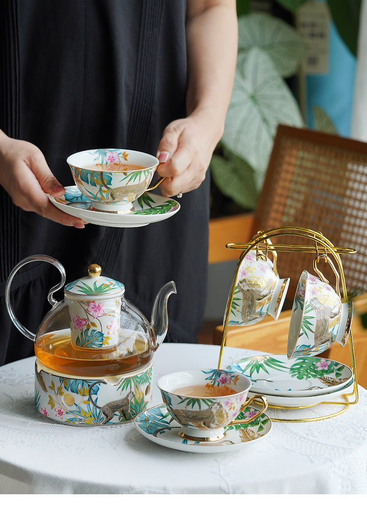 Luxury Bohemian Style Coffee Mug Set, Ceramic Tea Cups and Saucers for Couples Gift, Forest Animal Series Floral Design, Elegant English Afternoon Tea European Style Bone China Set