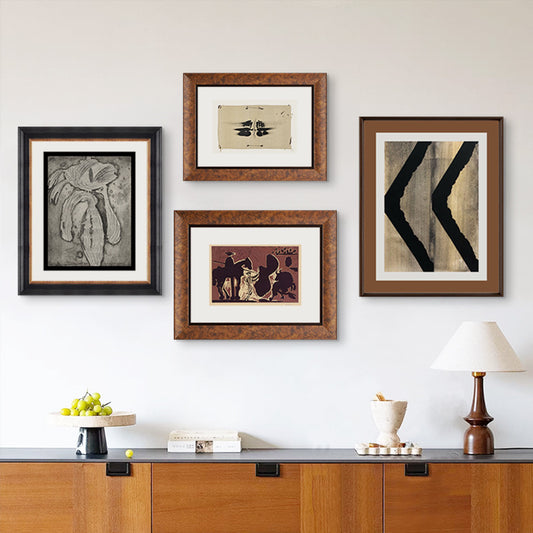 Solid Wood Frame Etching Elegance French Mid-Century Modern Abstract Wall Art Set - Wabi-Sabi Inspired Gallery Wall for Living Room, Vintage Textured , Scandinavian Minimalist Sofa Background Decor
