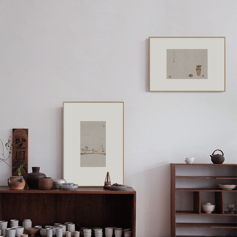 Z"Japanese Zen Wall Art, Minimalist Ink Wash Painting, Asian Still Life Art for Study Room & Bedroom Decor, Natural Wood Framed Calming Buddhist-Inspired Scroll for Hotel & Airbnb"