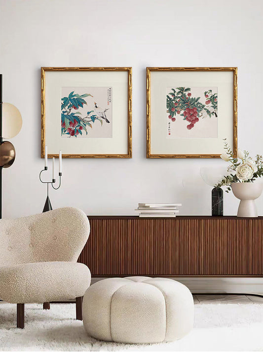 "French Country Chinoiserie Lychee Wall Art, Square Gongbi Floral Bird Multi-Panel Gold Frame Canvas Print, Oriental Botanical Kitchen Dining Room Decor, Luxury Vintage Entryway Foyer Hanging Painting for Home"