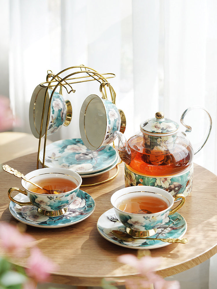 "Luxury Ceramic Afternoon Tea Set with Candle Warmer - English High Tea & French Style, Fruit Infuser Teapot, Floral Teacups, Elegant Tea Service for Home Ambiance & Gift-Giving"