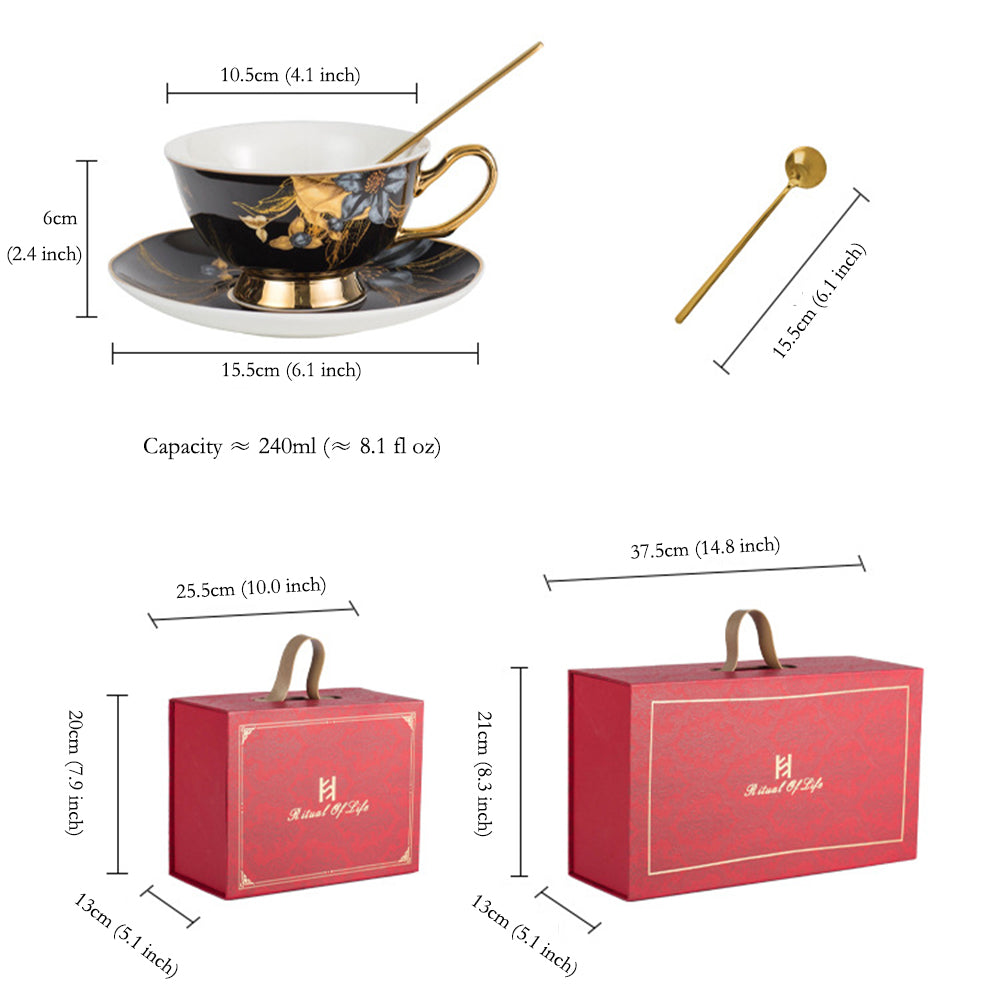 Vintage Luxury Bone China Coffee Mug & Saucer Set, Elegant Ceramic Couple Cups with Gold Trim, Gift Box for Afternoon Tea, Retro Wedding & Housewarming Present