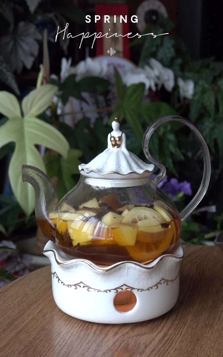 "Luxury English Light Luxury Floral Teapot Set with Candle Warmer Base - Heat-Resistant Glass Afternoon Tea Pot, Fruit & Flower Infuser,  Bohemian style Elegant Tea Service for Home Rituals, Gift-Ready"