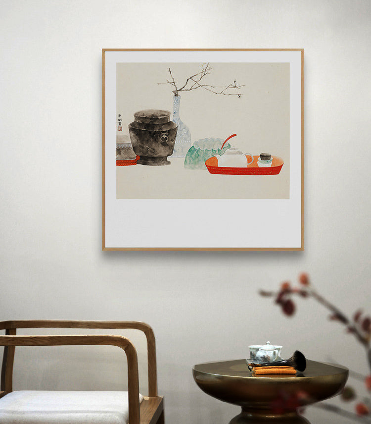 "Tranquil Moments Wall Art - New Chinese Style Wabi-Sabi Square Canvas Print, Zen Oriental Ink Painting with Nature Inspired Design for Home Decor"