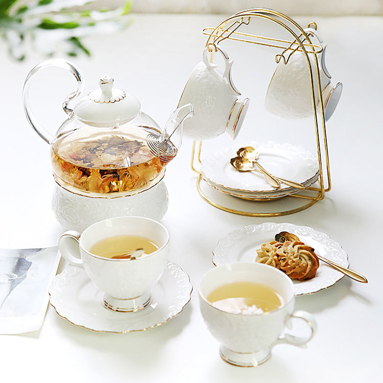 "Luxury English Afternoon Tea Set & European Floral Tea Cup Set - Ceramic & Glass Fruit Tea Pot with Candle Warmer, Boho-Inspired Floral Design, Heat-Resistant, Perfect for Tea Rituals & Gifting"