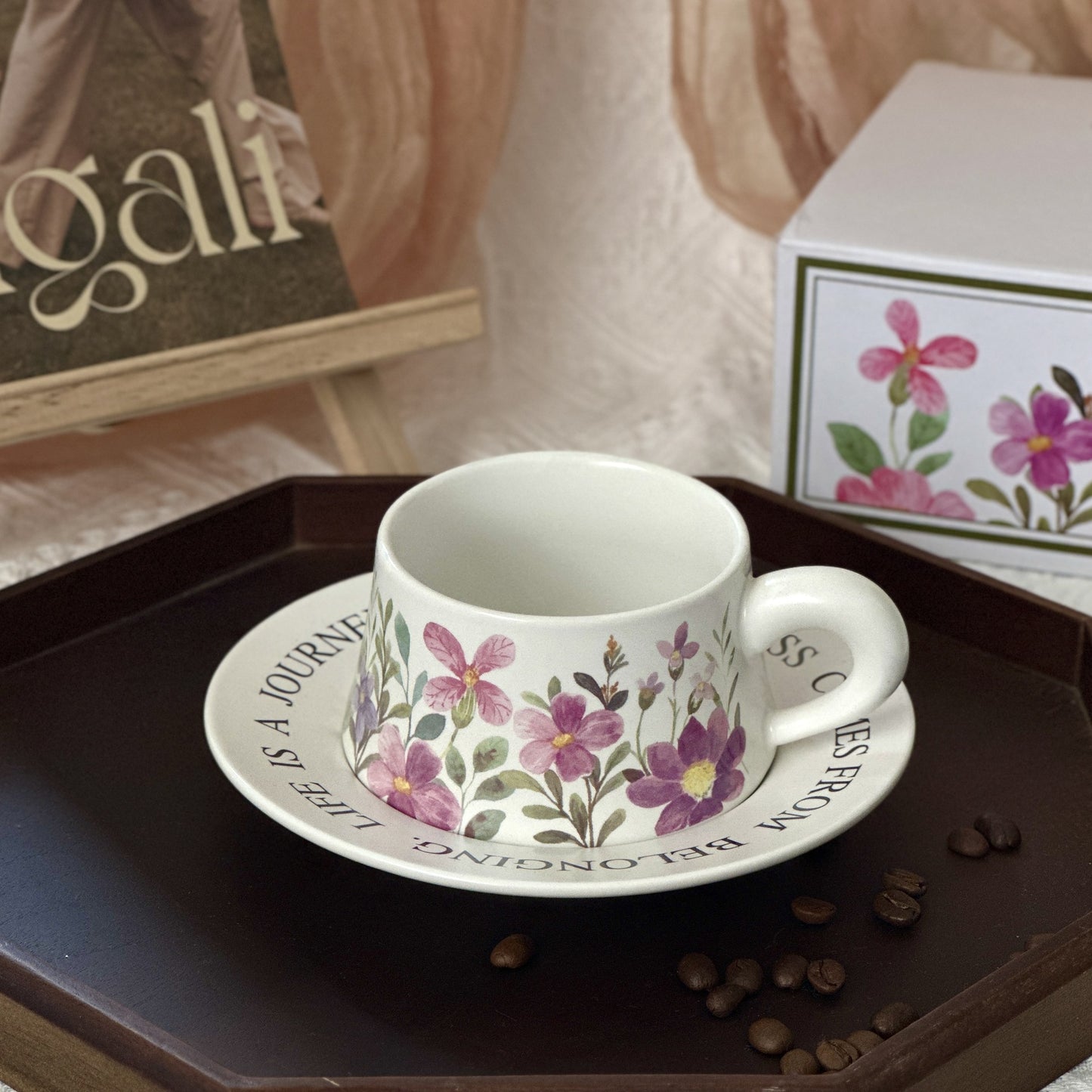 Floral Garden Ceramic Coffee Mug & Saucer Set, Hand-Painted Tea Cup with Gift Box for Women, Elegant Bone China Cup, Luxury Wedding & Housewarming Present