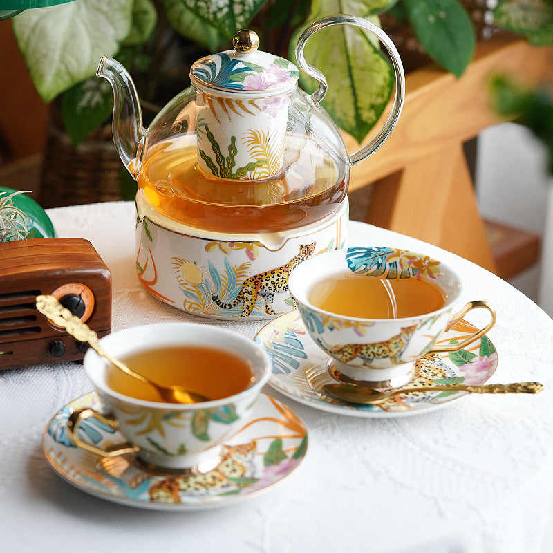 Luxury Bohemian Style Coffee Mug Set, Ceramic Tea Cups and Saucers for Couples Gift, Forest Animal Series Floral Design, Elegant English Afternoon Tea European Style Bone China Set