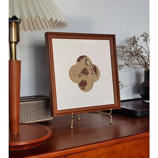 A"Solid Wood  Frame Chinese Gongbi Flower Bird Painting, French Mid-Century Modern Wall Art, New Asian Style Home Decor for Entryway, Living Room, Bedroom, Tea Room, Minimalist Desktop Display Art, Serene Botanical"