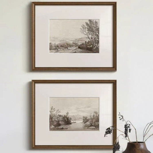 Solid Wood Frame French Black and White Landscape Sketch , Mid-Century Modern Wall Art, Vintage Gallery Set for Living Room Dining Room, Retro Abstract Scenic Foyer Hallway Decor