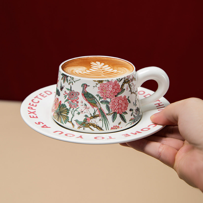 Vintage French Ceramic Coffee Mugs & Saucers Set, Large Capacity Floral Bird Print - Elegant Boho Retro Cups for Tea, Cafe Au Lait, Gift Box with Gold Trim