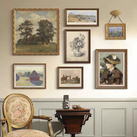 French Country Gold Leaf Wall Art Set, Mid-Century Modern Gallery Wall for Living Room, Floral Botanical with Solid Wood Frame, Vintage Abstract Canvas Paintings for Sofa Background Dining Room Foyer Decor