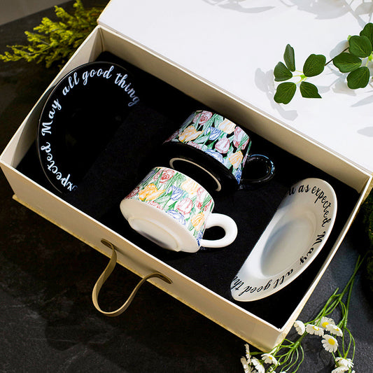 French Garden Ceramic Coffee Mug & Saucer Set, Bohemian Floral Vintage Tea Cup, Luxury Gift Box Set for Women, Hand-Painted Reto Gold Trim, 15 oz Large Coffee Cup with Plate