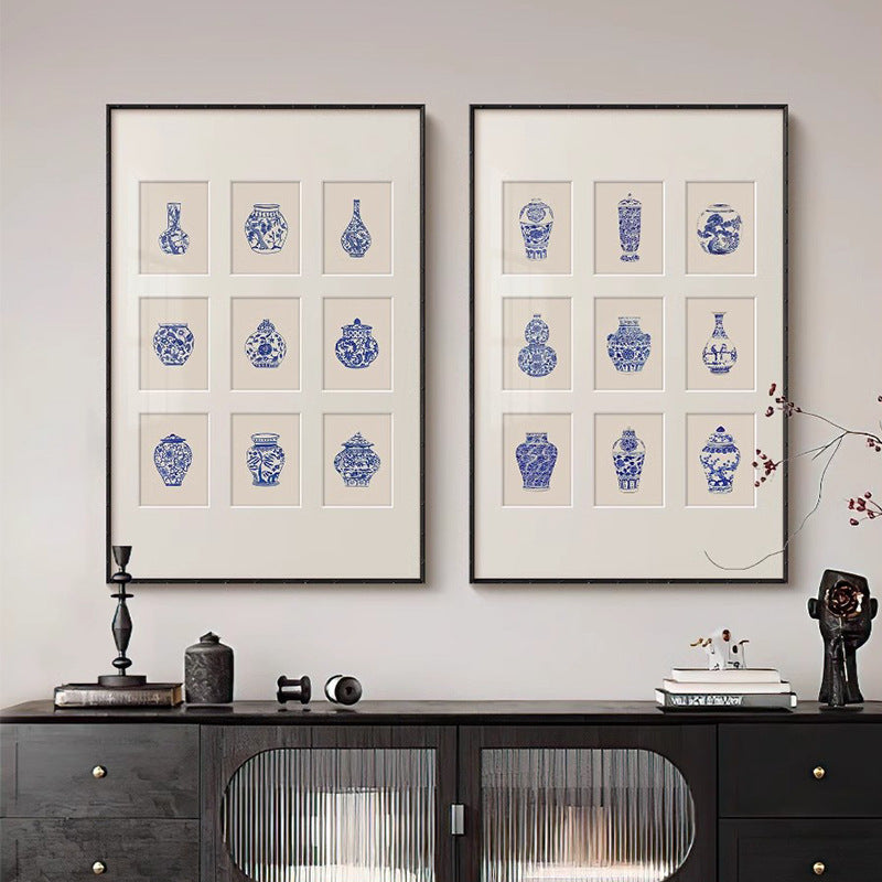"Sino-French Blue White Porcelain Vase Wall Art, Modern Chinoiserie Canvas Print, Oriental Aesthetic Framed Painting for Living Room, Dining Room, Entryway Decor, Luxury Botanical Floral Hanging Art"
