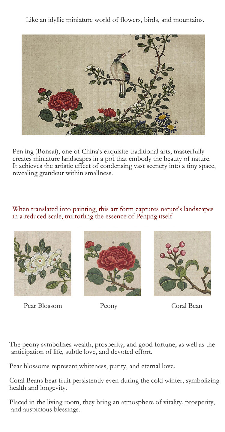 Asian Floral and Bird Artwork - Small Batch New Chinese Style Zen Mural for Living Room, Hallway, Mid-Century Modern Dresser Top Painting, Oriental Home Decoration