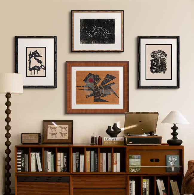 Premium Solid Wood Picture Frame - High-End French Vintage Old Money Style Living Room Accent Wall Art, Nordic Mid-Century Abstract Painting Set