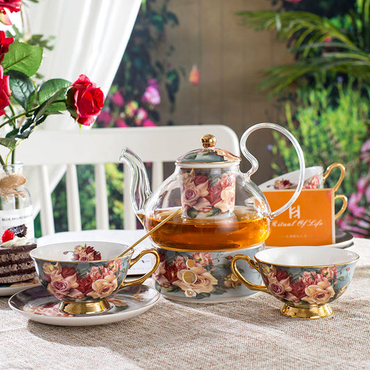 Rose Appointment English Porcelain Tea Pot & Coffee Cup Saucer Set - Aesthetic High Tea Drinkware with Floral Design, Premium Ceramic Teapot for Afternoon Tea, Ideal Housewarming Wedding Gift