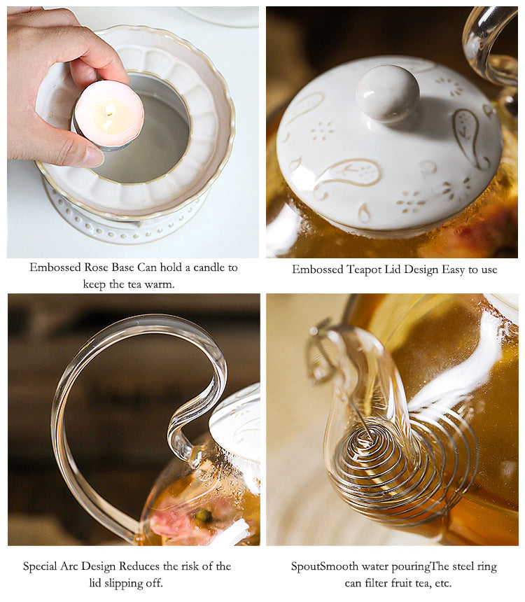 "Luxury English Light Luxury Floral Teapot Set with Candle Warmer Base - Heat-Resistant Glass Afternoon Tea Pot, Fruit & Flower Infuser,  Bohemian style Elegant Tea Service for Home Rituals, Gift-Ready"