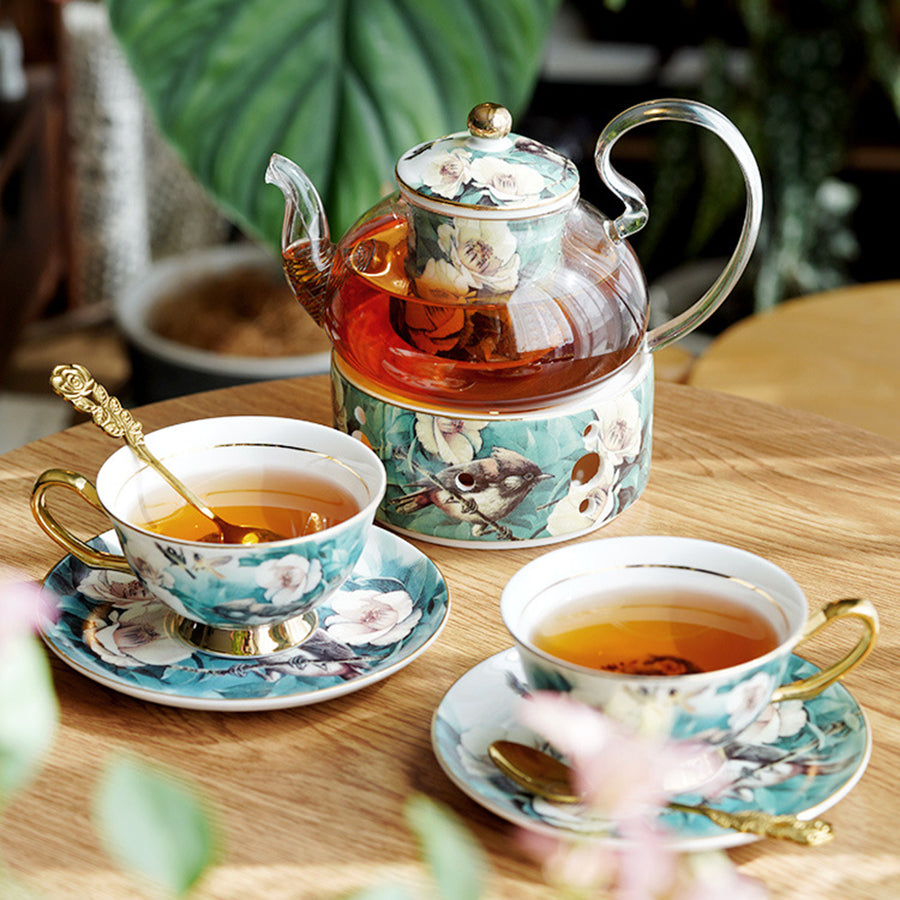 "Luxury Ceramic Afternoon Tea Set with Candle Warmer - English High Tea & French Style, Fruit Infuser Teapot, Floral Teacups, Elegant Tea Service for Home Ambiance & Gift-Giving"