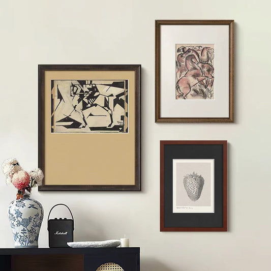 Vintage French Mid-Century Modern Wall Art Set - Solid Wood Framed Abstract Prints, Old Money Aesthetic Gallery Wall for Living Room, Botanical Inspired Luxury Décor, Curated Entryway Abstract Paintings, Ready to Hang