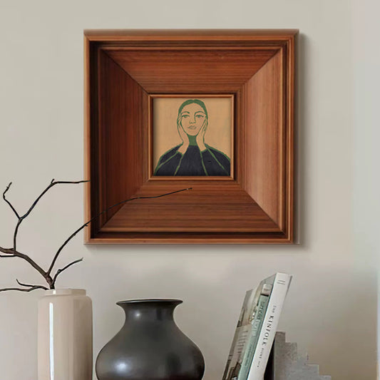 French Mid-Century Modern Portrait Wall Art, Solid Wood Frame Gallery Canvas, Scandinavian Retro Landscape Painting for Living Room & Bedroom