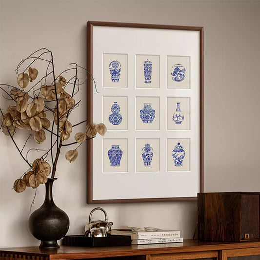 "Sino-French Blue White Porcelain Vase Wall Art, Modern Chinoiserie Canvas Print, Oriental Aesthetic Framed Painting for Living Room, Dining Room, Entryway Decor, Luxury Botanical Floral Hanging Art"