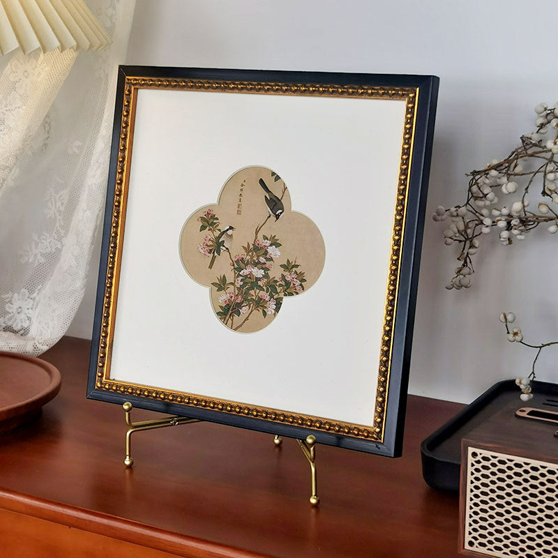 A"Solid Wood  Frame Chinese Gongbi Flower Bird Painting, French Mid-Century Modern Wall Art, New Asian Style Home Decor for Entryway, Living Room, Bedroom, Tea Room, Minimalist Desktop Display Art, Serene Botanical"