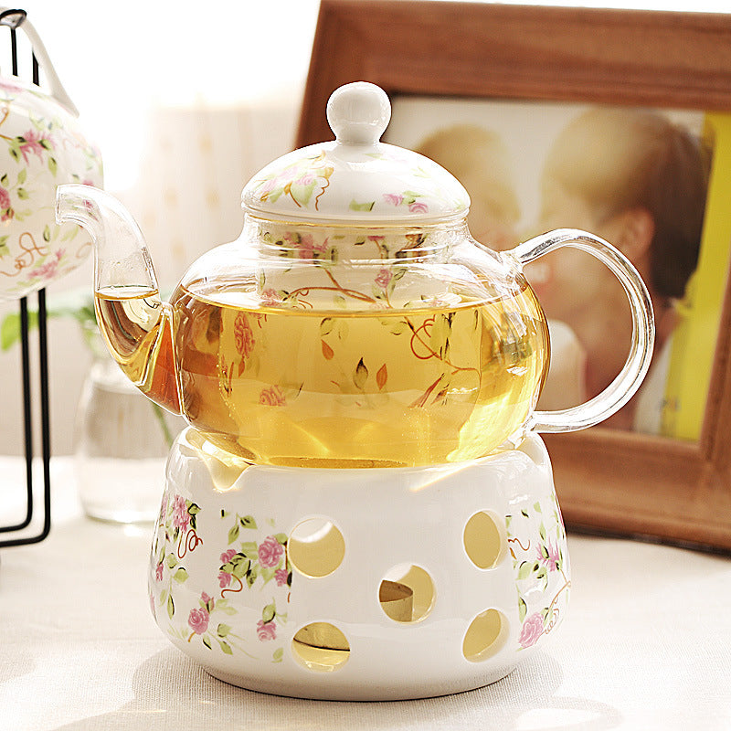 "Luxury English Light Luxury Floral Teapot Set with Candle Warmer Base - Heat-Resistant Glass Afternoon Tea Pot, Fruit & Flower Infuser,  Bohemian style Elegant Tea Service for Home Rituals, Gift-Ready"