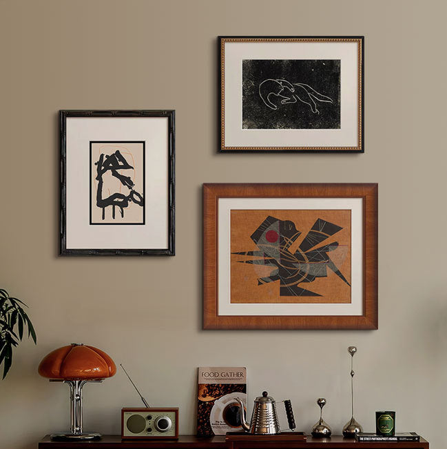 Premium Solid Wood Picture Frame - High-End French Vintage Old Money Style Living Room Accent Wall Art, Nordic Mid-Century Abstract Painting Set