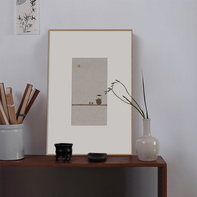 Z"Japanese Zen Wall Art, Minimalist Ink Wash Painting, Asian Still Life Art for Study Room & Bedroom Decor, Natural Wood Framed Calming Buddhist-Inspired Scroll for Hotel & Airbnb"