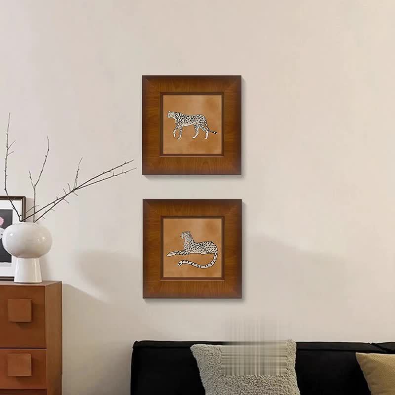 "Money Leopard" French Mid-Century Modern Wall Art Set, Solid Wood Frame Gallery Canvas Prints, Luxury Safari Animal Painting for Living Room Sofa Background Wal