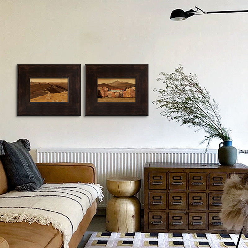 Wood Frame "Mountain Scenery" | Old Money Style French Mid-Century Landscape Painting | Nordic Retro Decorative Art | Entryway Dining Room Hanging Wall Atmosphere Art