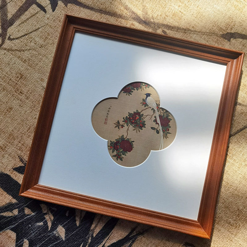 A"Solid Wood  Frame Chinese Gongbi Flower Bird Painting, French Mid-Century Modern Wall Art, New Asian Style Home Decor for Entryway, Living Room, Bedroom, Tea Room, Minimalist Desktop Display Art, Serene Botanical"