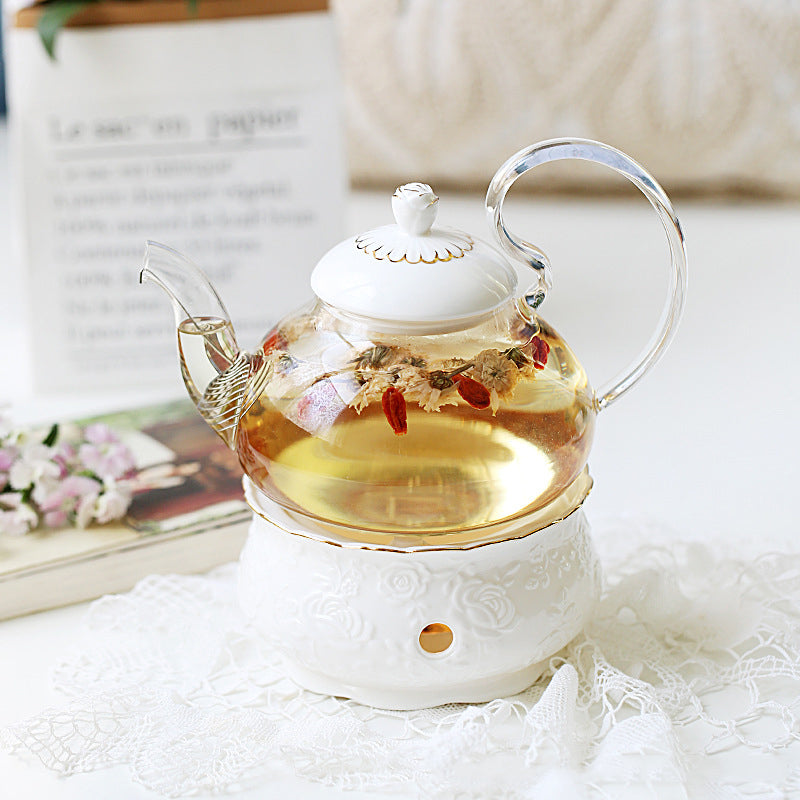 "Luxury English Afternoon Tea Set & European Floral Tea Cup Set - Ceramic & Glass Fruit Tea Pot with Candle Warmer, Boho-Inspired Floral Design, Heat-Resistant, Perfect for Tea Rituals & Gifting"