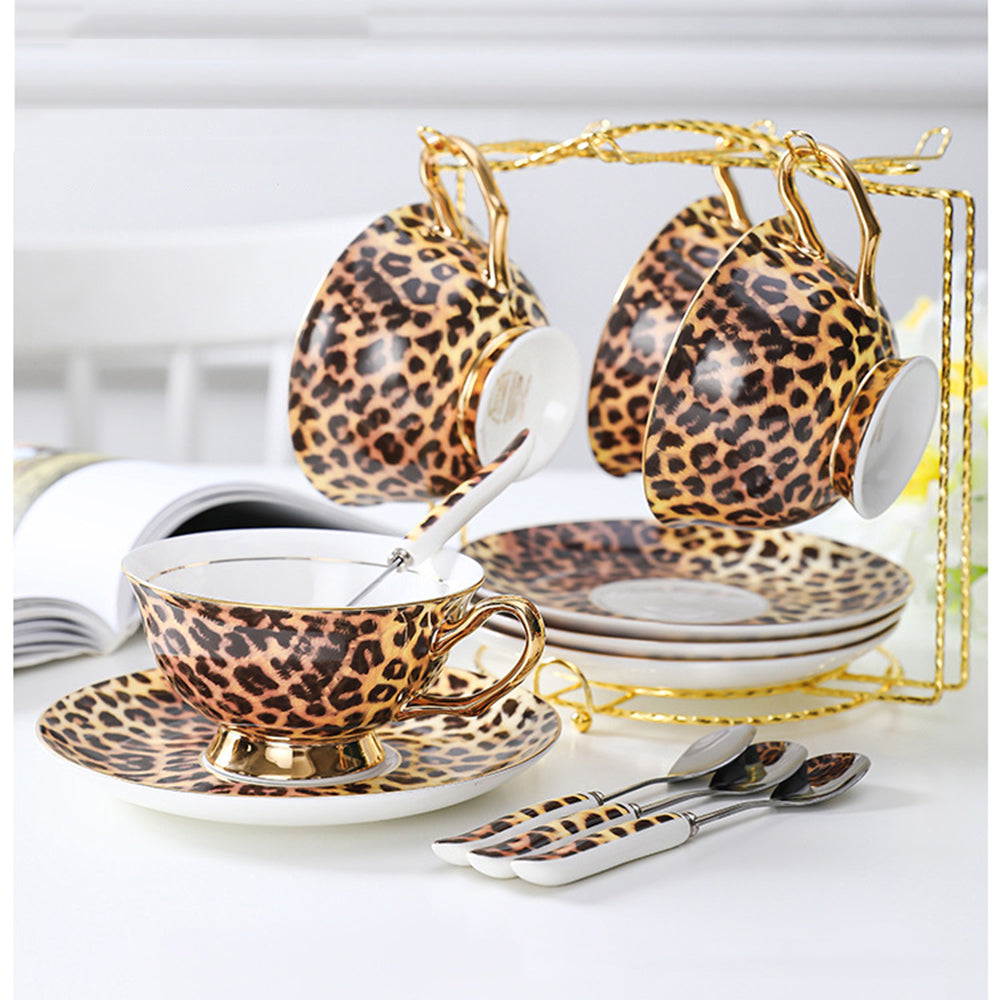 Vintage Leopard Print Bone China Coffee Cup & Saucer Set, Luxury Gold Trim Elegant Tea Set for Afternoon Tea, Retro Ceramic Mugs, Gift Box for Women, Housewarming & Party
