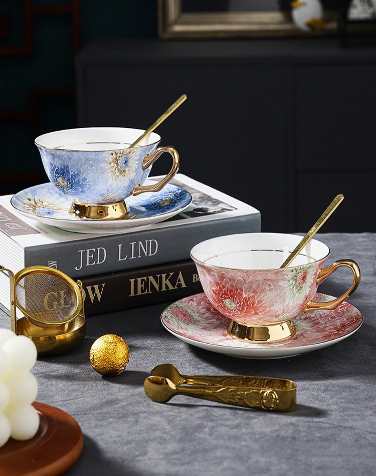 Luxury Fine Bone China Coffee Cup Set - Elegant Afternoon Tea Cups & Saucers, High-End Minimalist Tableware with Premium Aesthetic, Unique Gift Box for Housewarming & Weddings