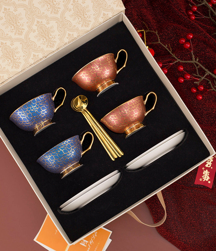 Linguang Bone China Coffee Cup & Saucer Set, Luxury Gold Trimmed Elegant Tea Set for Afternoon Tea, Vintage Ceramic Mugs, Gift Box for Women, Wedding & Housewarming Gift