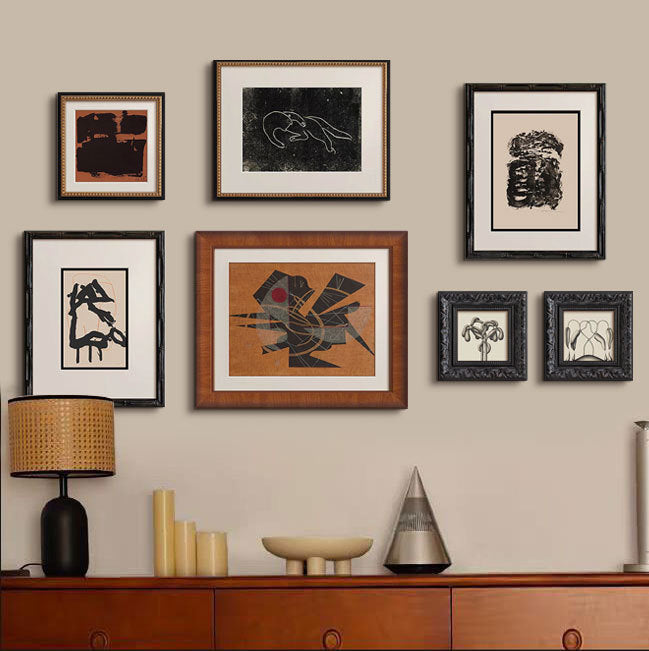 Premium Solid Wood Picture Frame - High-End French Vintage Old Money Style Living Room Accent Wall Art, Nordic Mid-Century Abstract Painting Set