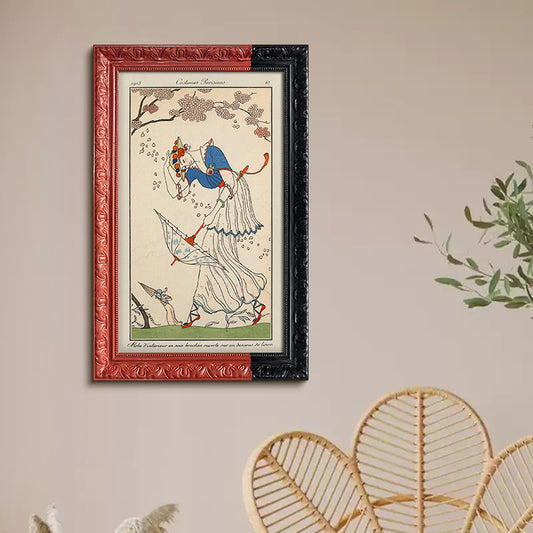 Vintage French Abstract Woman Art, Multi-Color Wood Frame, Ready to Hang Gallery Wall, Mid-Century Modern Entryway Decor